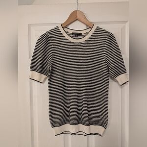 Ann Taylor Black and Cream Striped Crewneck Sweater